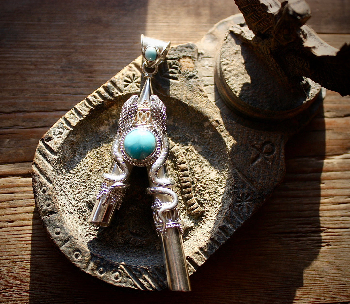 Larimar double serpent w/wooden box