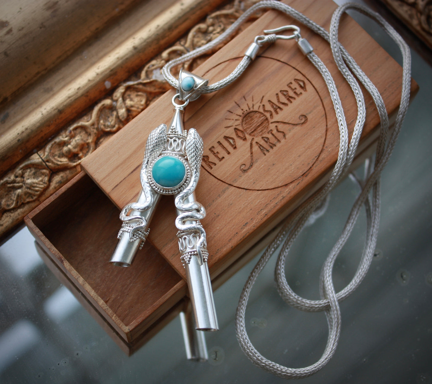 Larimar double serpent w/wooden box