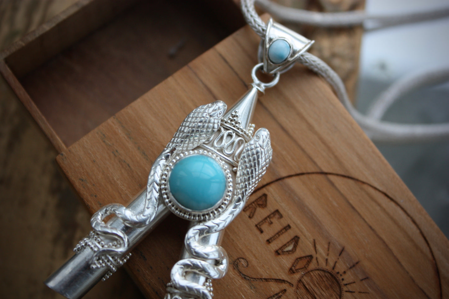 Larimar double serpent w/wooden box